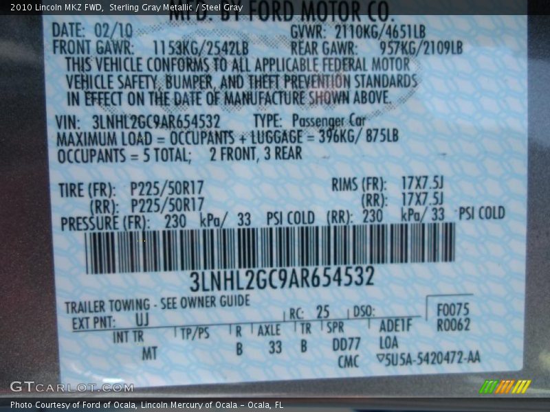 Sterling Gray Metallic / Steel Gray 2010 Lincoln MKZ FWD