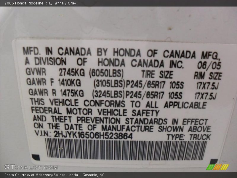 White / Gray 2006 Honda Ridgeline RTL