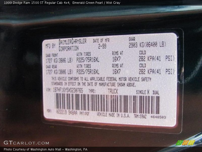 Emerald Green Pearl / Mist Gray 1999 Dodge Ram 1500 ST Regular Cab 4x4