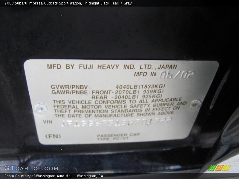 Midnight Black Pearl / Gray 2003 Subaru Impreza Outback Sport Wagon