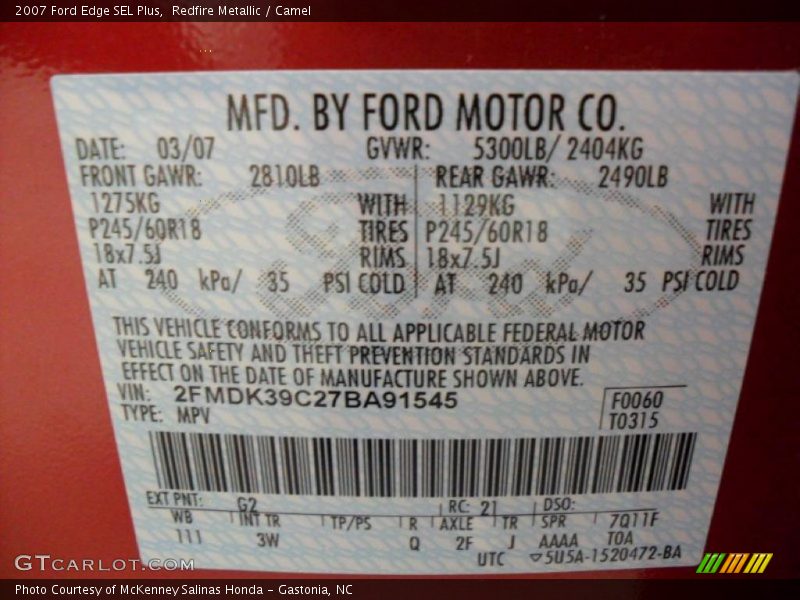 Redfire Metallic / Camel 2007 Ford Edge SEL Plus