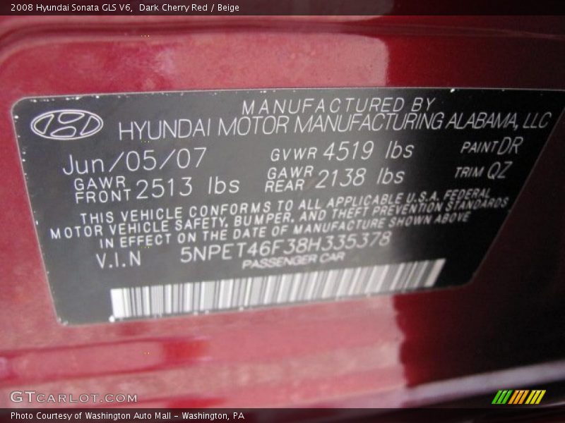 Dark Cherry Red / Beige 2008 Hyundai Sonata GLS V6