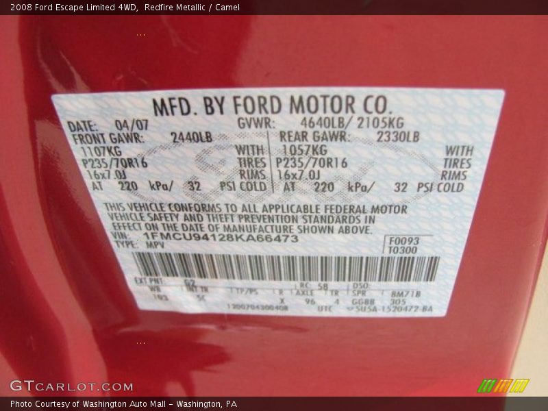 Redfire Metallic / Camel 2008 Ford Escape Limited 4WD