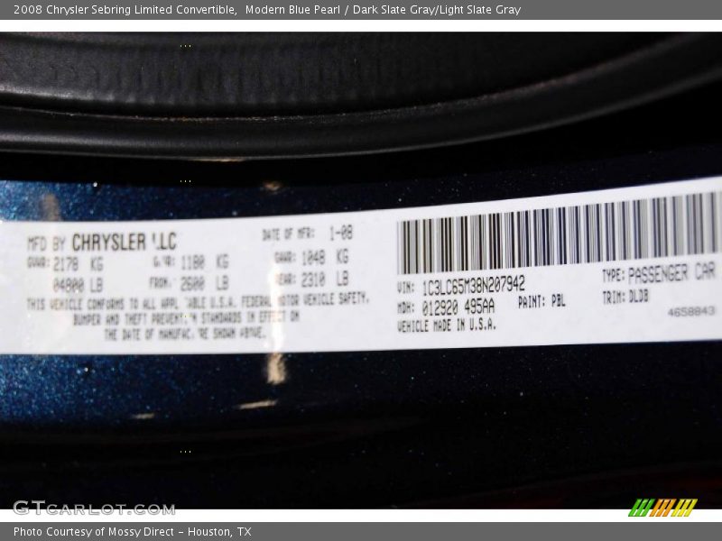 Modern Blue Pearl / Dark Slate Gray/Light Slate Gray 2008 Chrysler Sebring Limited Convertible
