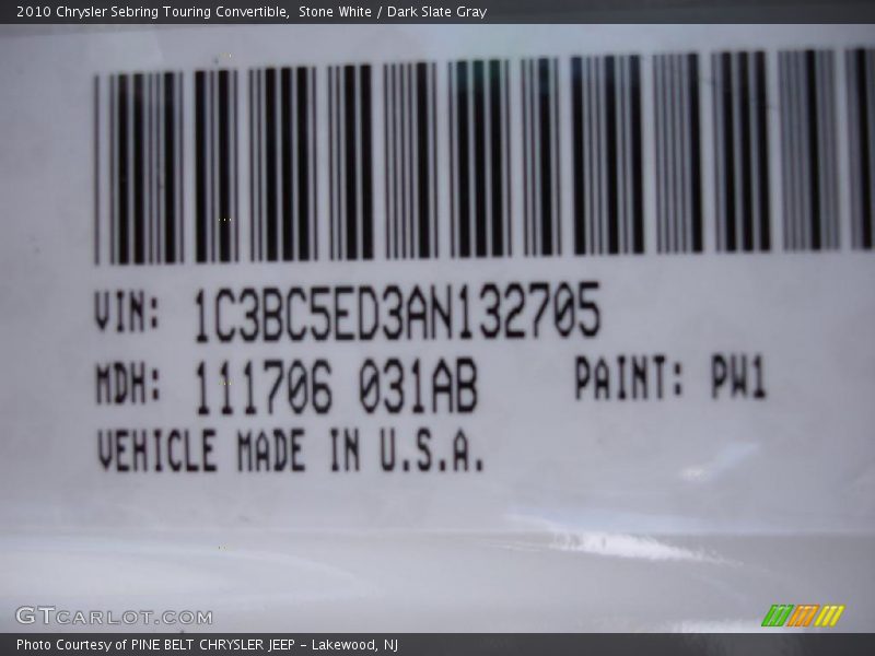 Stone White / Dark Slate Gray 2010 Chrysler Sebring Touring Convertible