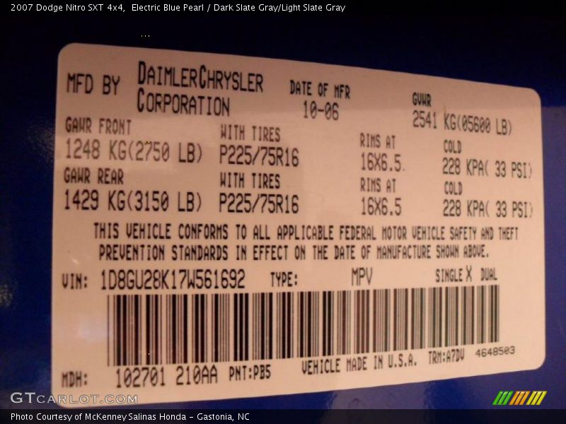 Electric Blue Pearl / Dark Slate Gray/Light Slate Gray 2007 Dodge Nitro SXT 4x4