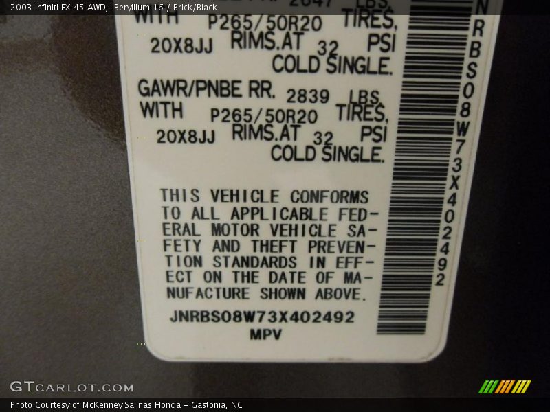 Beryllium 16 / Brick/Black 2003 Infiniti FX 45 AWD