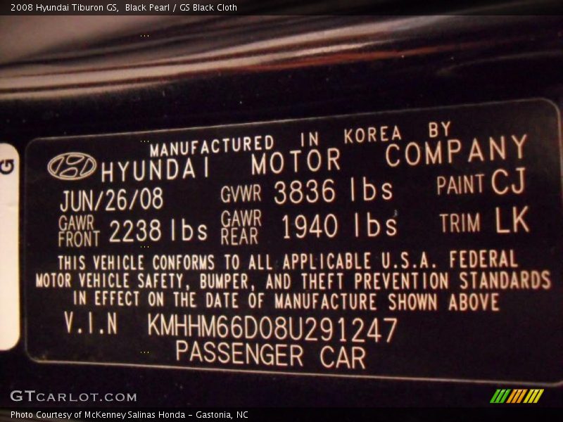 Black Pearl / GS Black Cloth 2008 Hyundai Tiburon GS