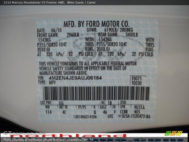 White Suede / Camel 2010 Mercury Mountaineer V6 Premier AWD
