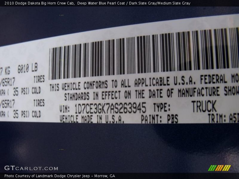 Deep Water Blue Pearl Coat / Dark Slate Gray/Medium Slate Gray 2010 Dodge Dakota Big Horn Crew Cab