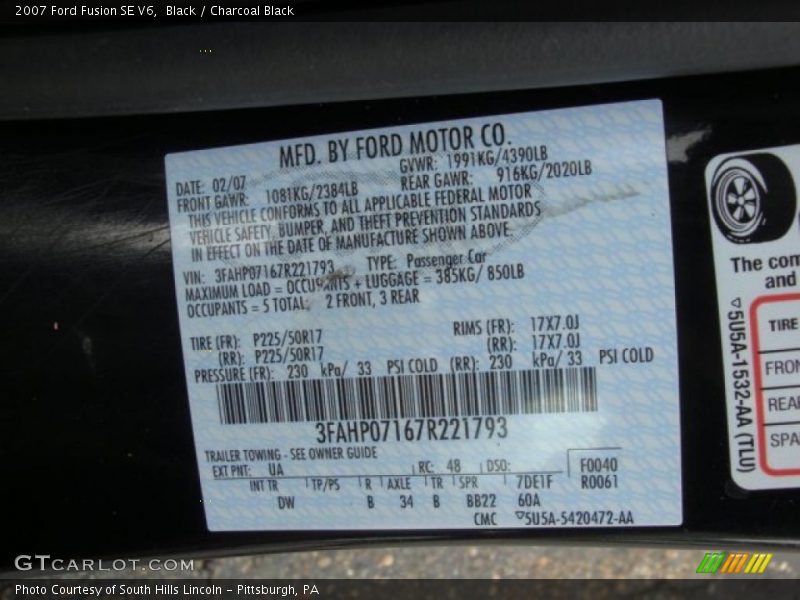 Black / Charcoal Black 2007 Ford Fusion SE V6