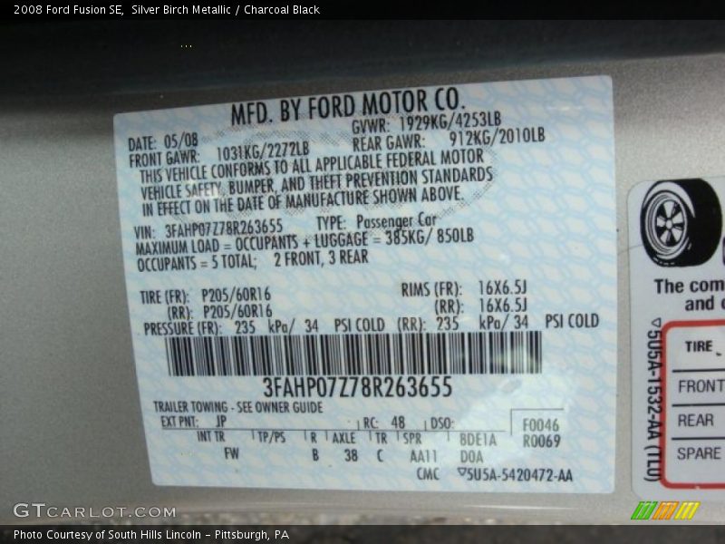 Silver Birch Metallic / Charcoal Black 2008 Ford Fusion SE