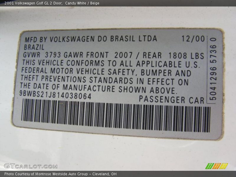 Candy White / Beige 2001 Volkswagen Golf GL 2 Door