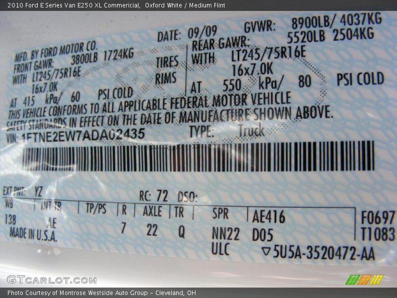 Oxford White / Medium Flint 2010 Ford E Series Van E250 XL Commericial