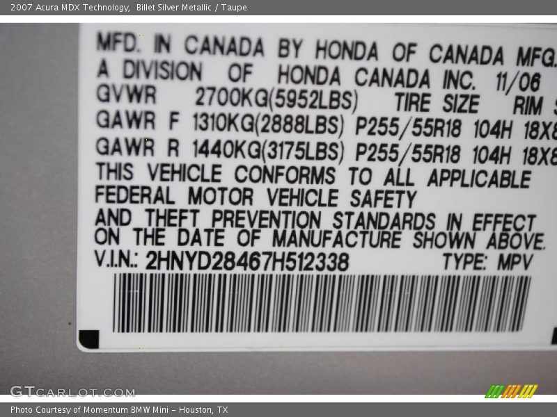 Billet Silver Metallic / Taupe 2007 Acura MDX Technology
