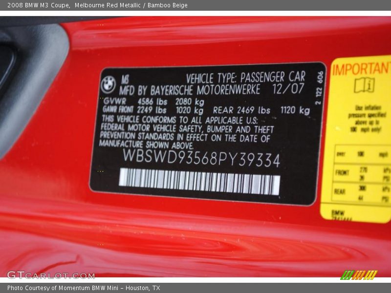 Melbourne Red Metallic / Bamboo Beige 2008 BMW M3 Coupe