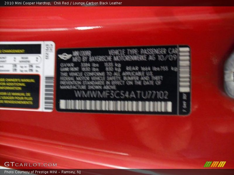 Chili Red / Lounge Carbon Black Leather 2010 Mini Cooper Hardtop