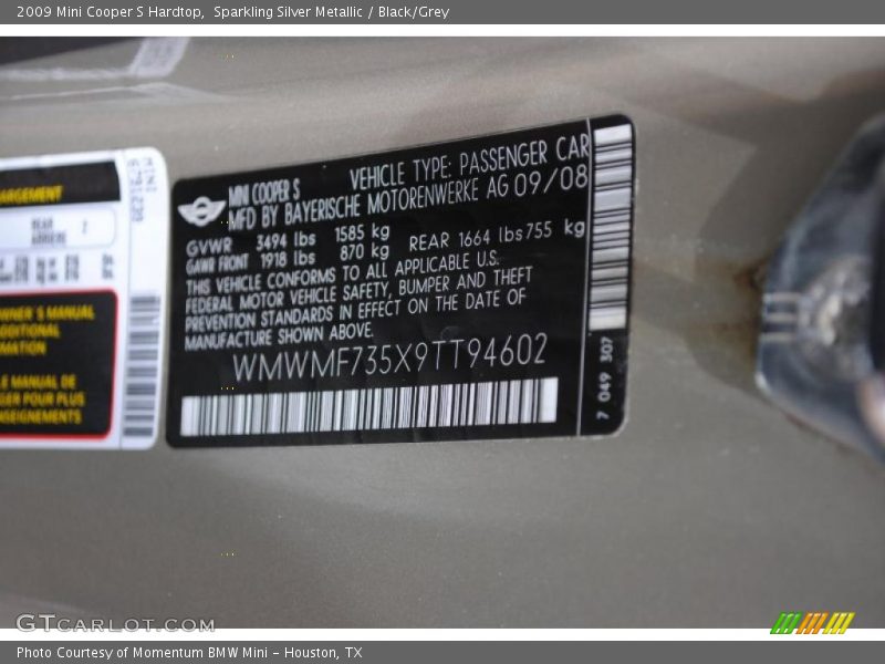 Sparkling Silver Metallic / Black/Grey 2009 Mini Cooper S Hardtop