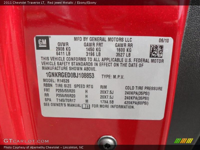 Red Jewel Metallic / Ebony/Ebony 2011 Chevrolet Traverse LT