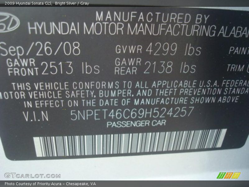 Bright Silver / Gray 2009 Hyundai Sonata GLS