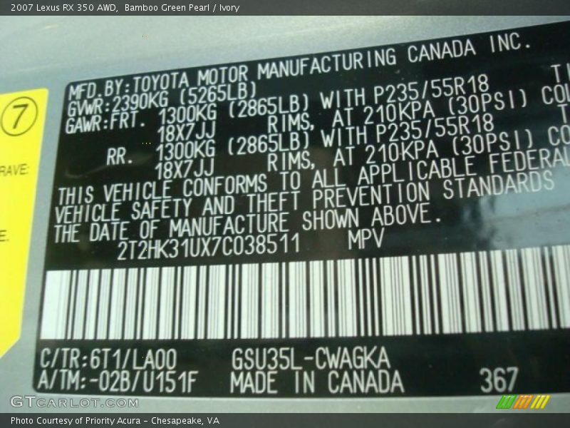 Bamboo Green Pearl / Ivory 2007 Lexus RX 350 AWD