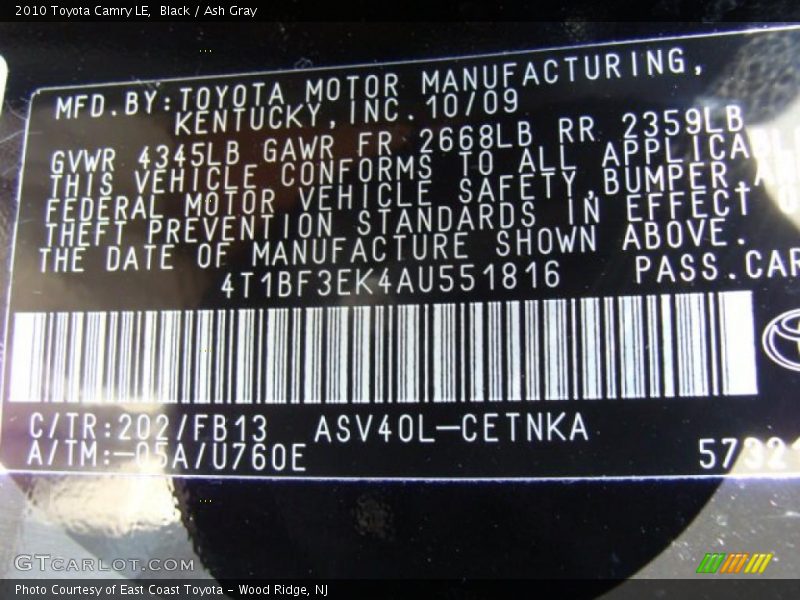 Black / Ash Gray 2010 Toyota Camry LE