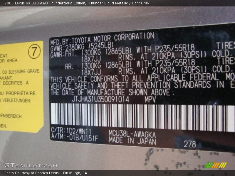 Thunder Cloud Metallic / Light Gray 2005 Lexus RX 330 AWD Thundercloud Edition