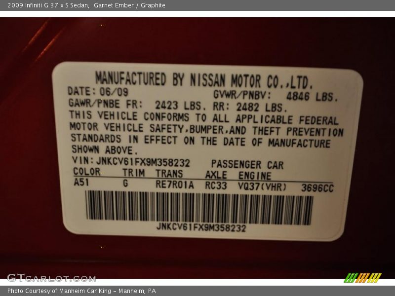 2009 G 37 x S Sedan Garnet Ember Color Code A51