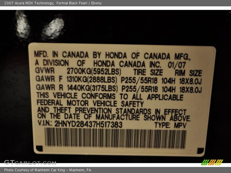 Formal Black Pearl / Ebony 2007 Acura MDX Technology