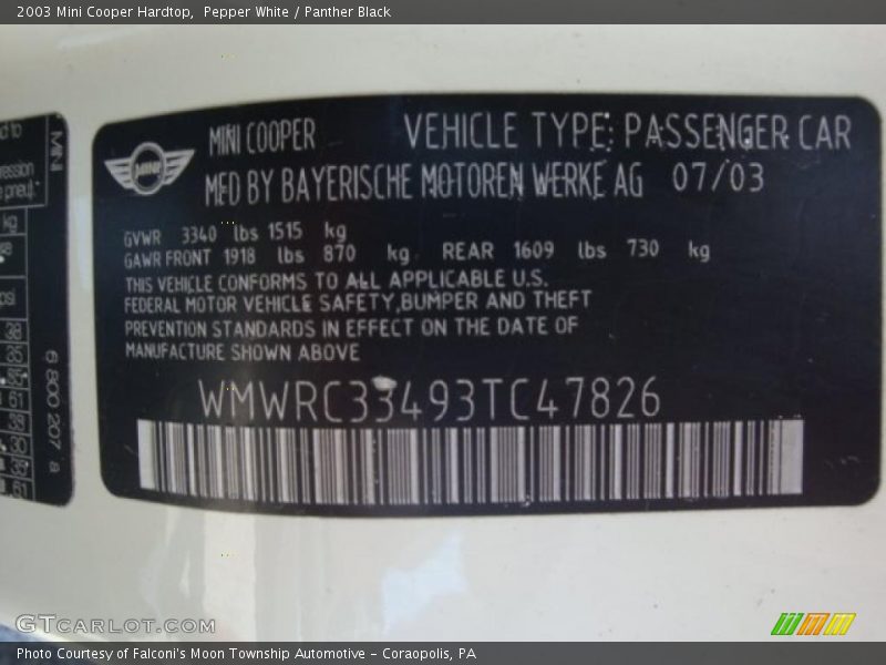 Pepper White / Panther Black 2003 Mini Cooper Hardtop