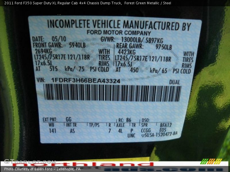 Forest Green Metallic / Steel 2011 Ford F350 Super Duty XL Regular Cab 4x4 Chassis Dump Truck