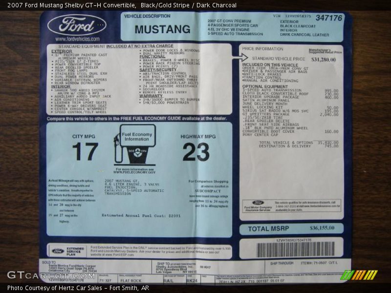  2007 Mustang Shelby GT-H Convertible Window Sticker