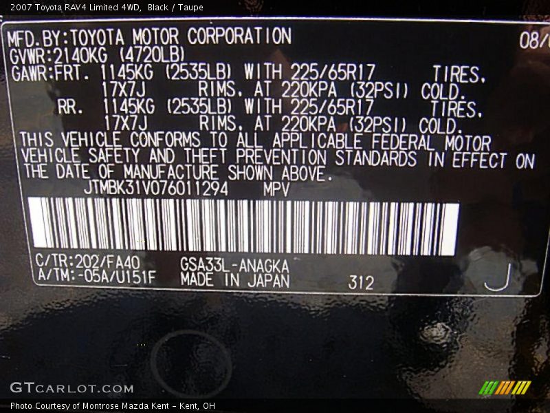 Black / Taupe 2007 Toyota RAV4 Limited 4WD