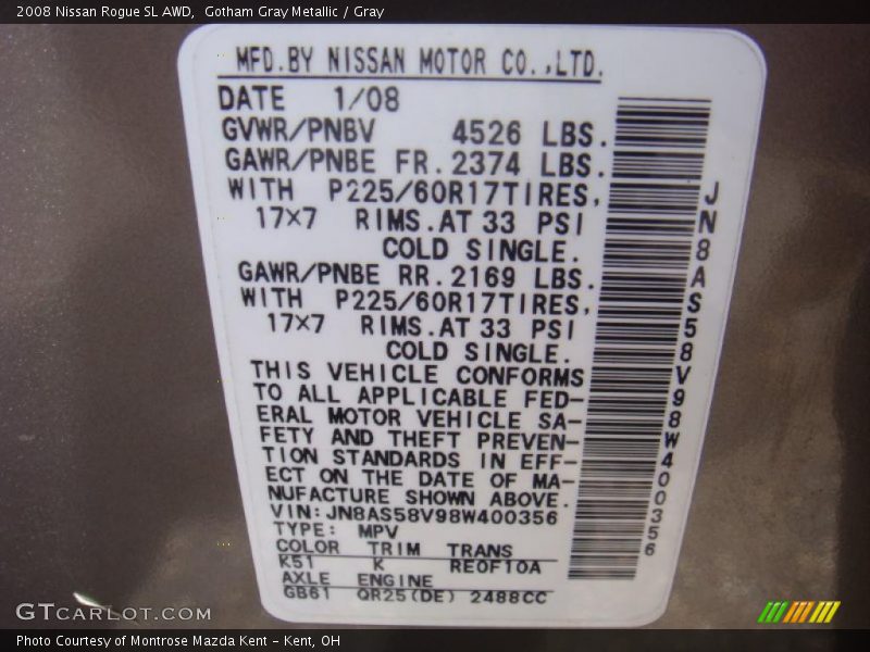 Gotham Gray Metallic / Gray 2008 Nissan Rogue SL AWD