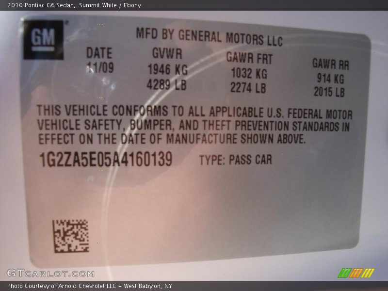 Summit White / Ebony 2010 Pontiac G6 Sedan