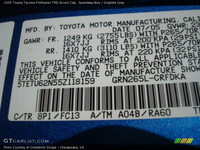 Speedway Blue / Graphite Gray 2005 Toyota Tacoma PreRunner TRD Access Cab