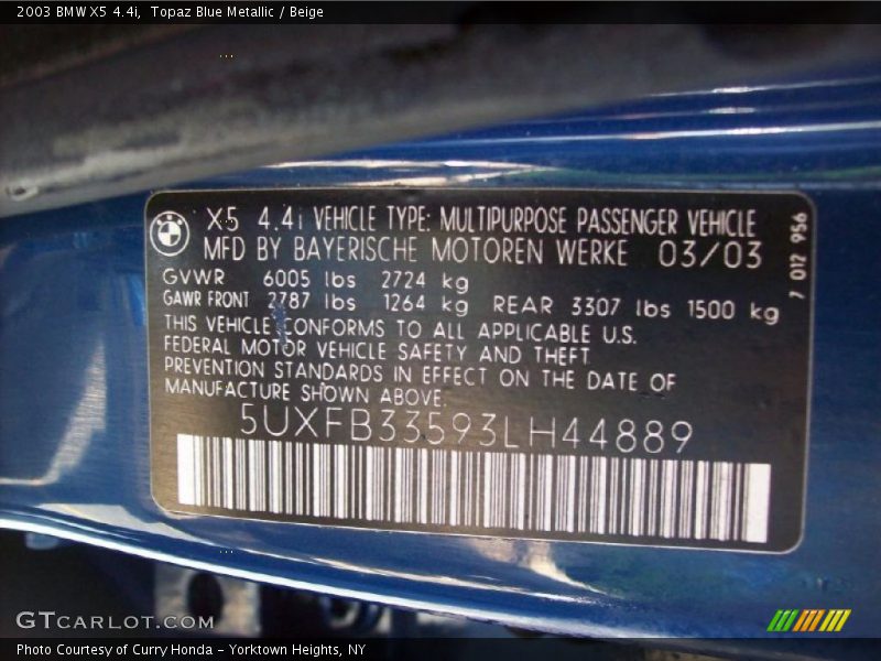 Topaz Blue Metallic / Beige 2003 BMW X5 4.4i