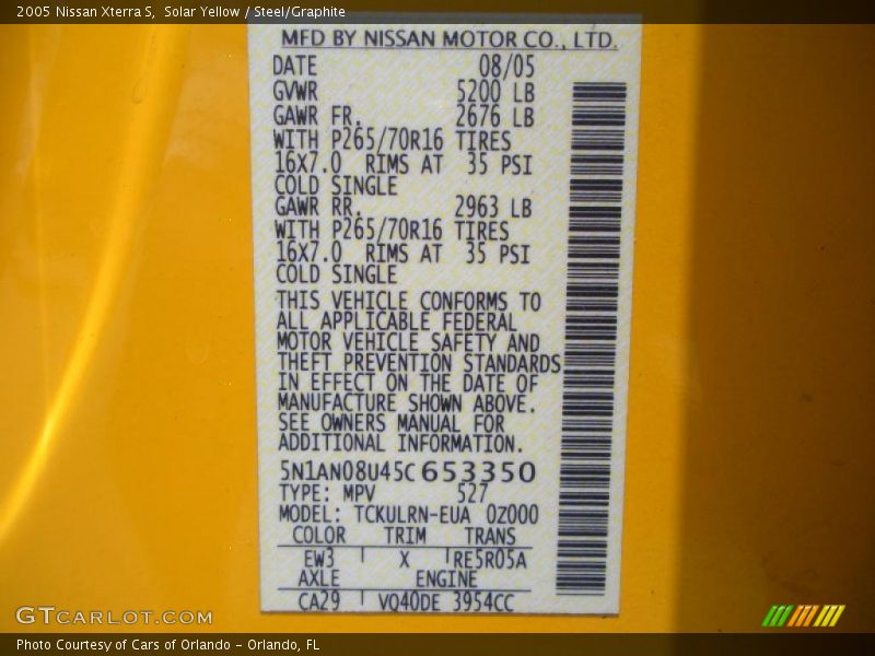 Solar Yellow / Steel/Graphite 2005 Nissan Xterra S