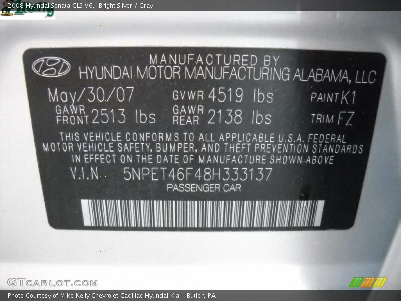 Bright Silver / Gray 2008 Hyundai Sonata GLS V6