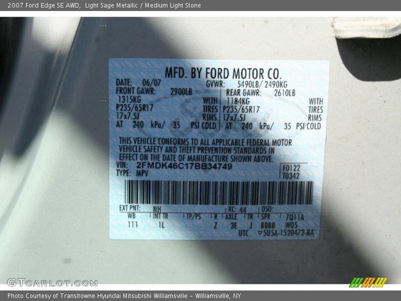 Light Sage Metallic / Medium Light Stone 2007 Ford Edge SE AWD