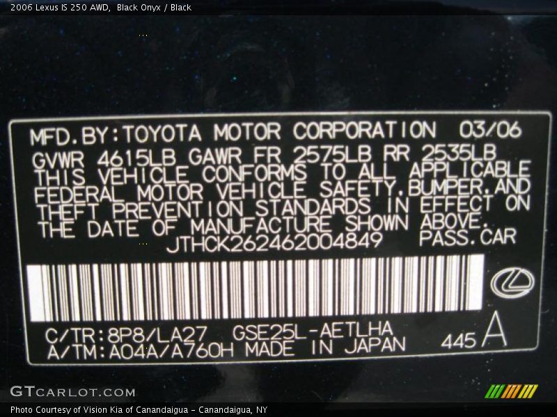 Black Onyx / Black 2006 Lexus IS 250 AWD