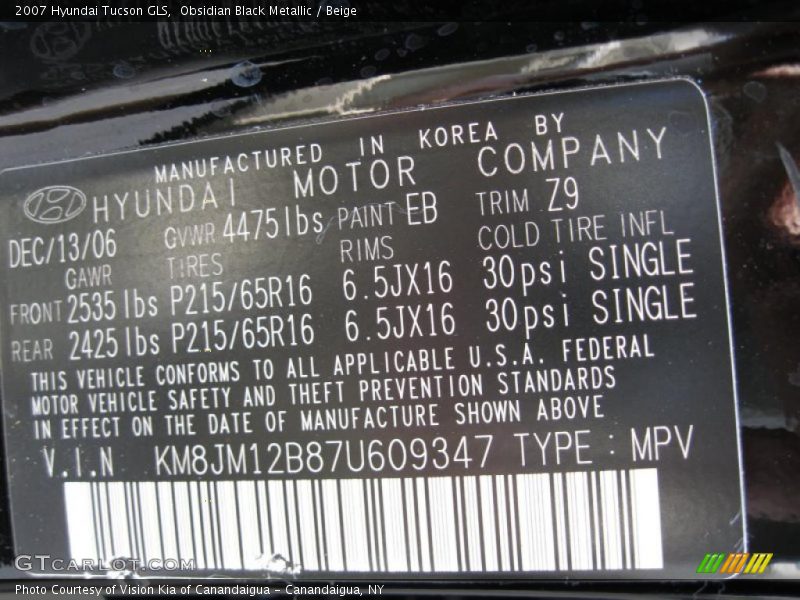 Obsidian Black Metallic / Beige 2007 Hyundai Tucson GLS