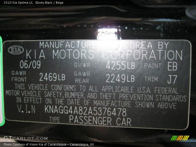 Ebony Black / Beige 2010 Kia Optima LX