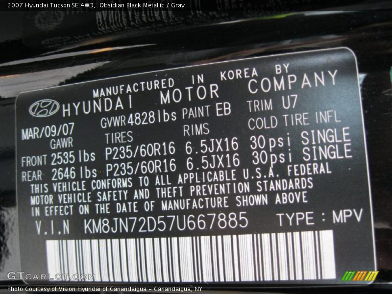 Obsidian Black Metallic / Gray 2007 Hyundai Tucson SE 4WD