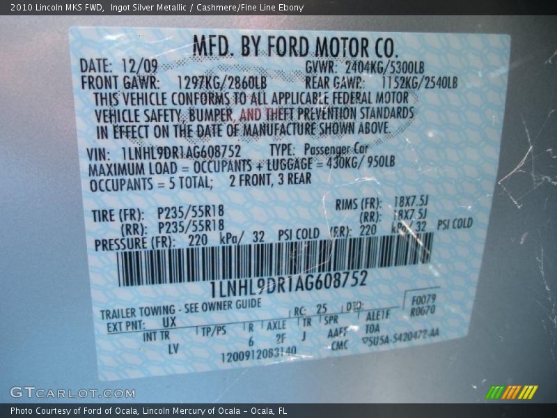 Ingot Silver Metallic / Cashmere/Fine Line Ebony 2010 Lincoln MKS FWD