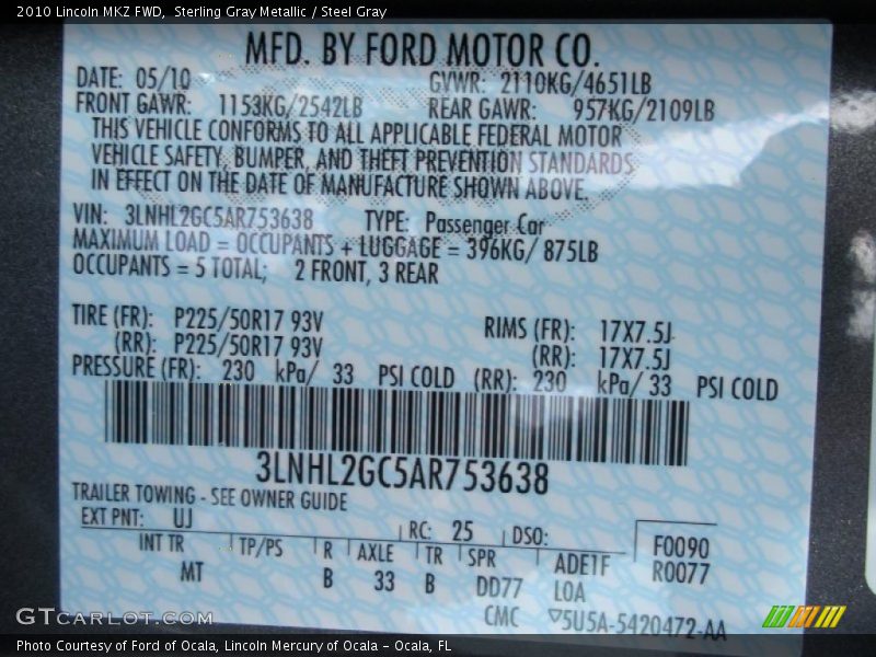 Sterling Gray Metallic / Steel Gray 2010 Lincoln MKZ FWD