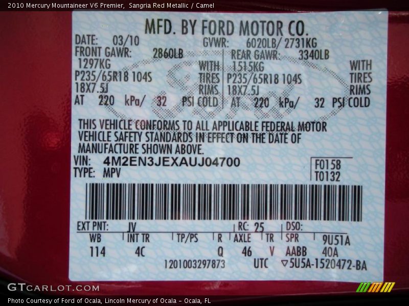 Sangria Red Metallic / Camel 2010 Mercury Mountaineer V6 Premier