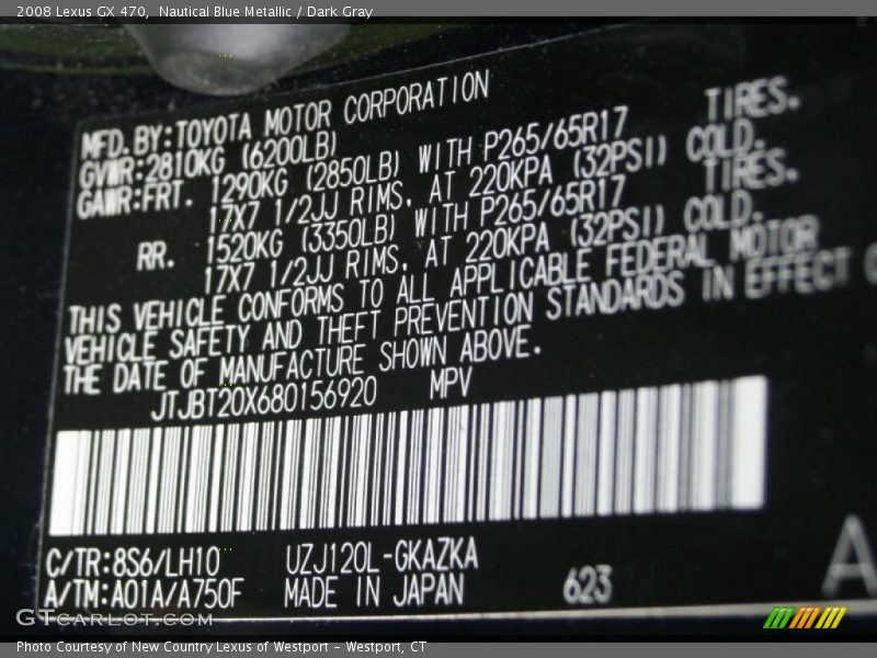 Nautical Blue Metallic / Dark Gray 2008 Lexus GX 470
