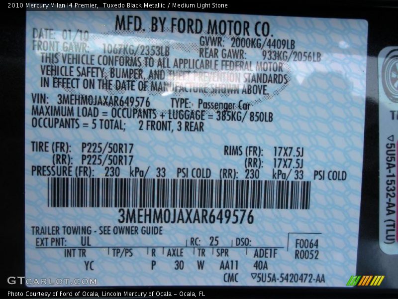 Tuxedo Black Metallic / Medium Light Stone 2010 Mercury Milan I4 Premier