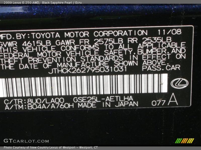 Black Sapphire Pearl / Ecru 2009 Lexus IS 250 AWD